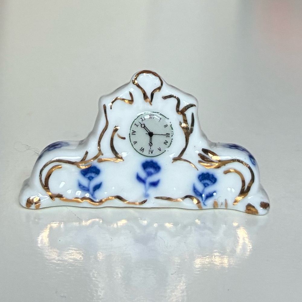miniature porcelain dollhouse mantel clock w/ blue floral pattern & gold accents